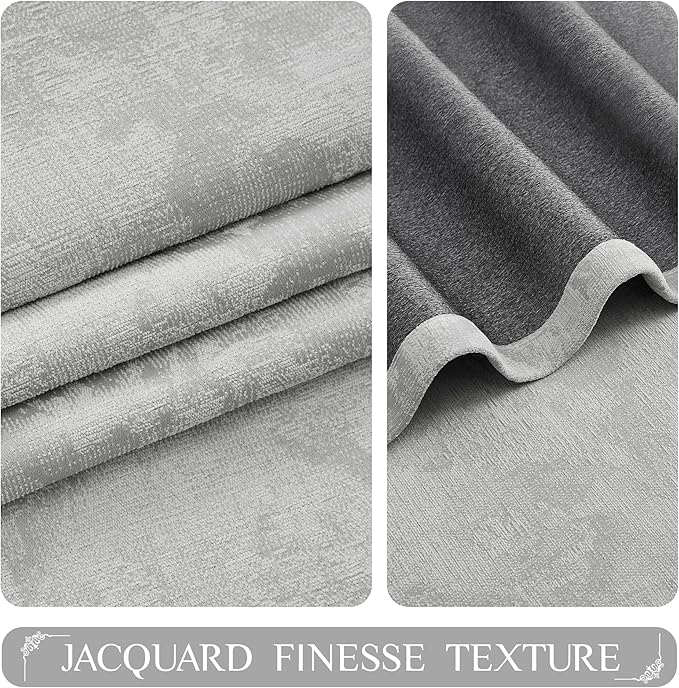 Beauoop Grey Floral Jacquard Blackout Curtains 63 Inches Long 2 Panels for Bedroom Living Room Chenille Flower Room Darkening Thermal Insulated Soundproof Rod Pocket Back Tab Window Drapes, 52x63