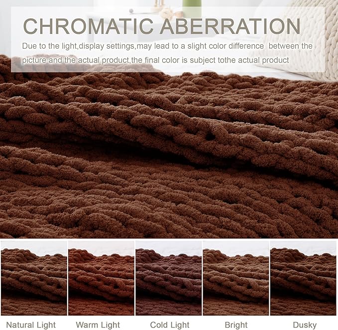 Chunky Knit Throw Blanket 60"X 80", 100% Handmade with Soft Chenille Yarn, 6.7lbs Thick Cable Knitted Blankets, Large Rope Knot Crochet Throws for Couch Sofa Bed Home Decor, Dark Brown