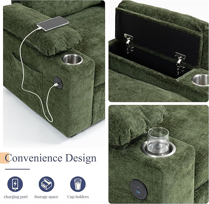 SUNWAVE 58" Chaise Lounge Chair with Ottoman, Chenille Fabric Sofa Bed, Accent Chair with Cupholders & USB Charging Ports for Living Room, Bedroom, Apartment (1 Chaise Forest Green)