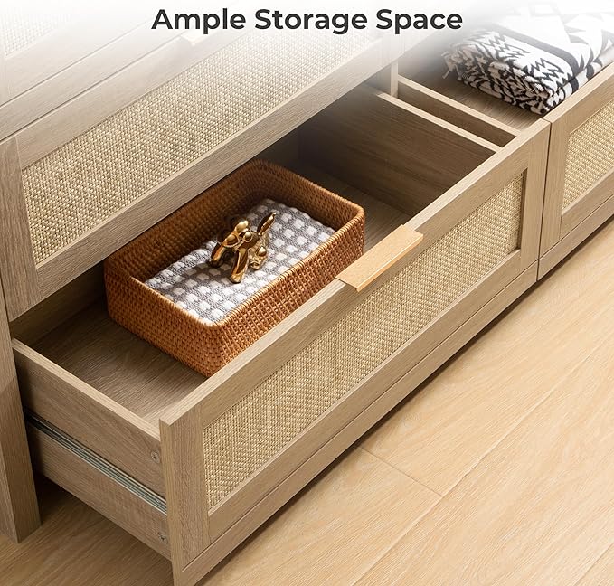 SICOTAS 7 Drawer Dressers for Bedroom Set 2, Long Rattan Dresser, Dresser TV Stand, Closet Organizer Chest of Drawers, Clothes Storage Dressers (Reclaimed Light Oak, 7 Drawers (2 pcs))