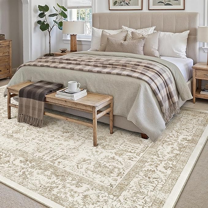 Light Brown Area Rug 10x14 Machine Washable Large Vintage Living Room Distressed Non Slip Carpet Traditional Indoor Bedroom Retro Floral Accent Throw Rug for Office Kitchen Dining Room