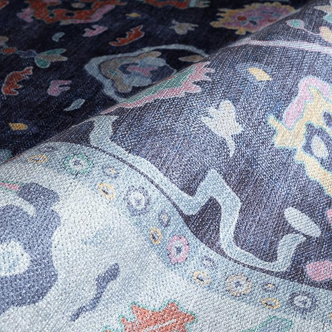 Fame Rugs Navy Blue Modern Oushak Rug 5x7, Washable Vintage Turkish Colorful Oriental Antique Inspired Area Rugs, Luxury Living Room Bedroom (388NB, 5' x 7')