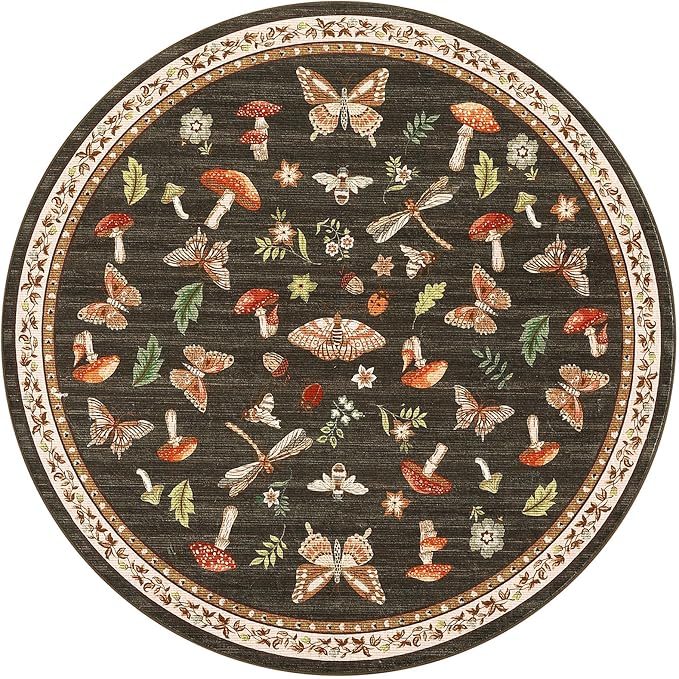 Mushroom Insect 7ft Round Rug Washable Non-Slip Soft Ultra-Thin Large Boho Circle Carpet for Entryway Kitchen Bedroom Nursery Dining Room Brown