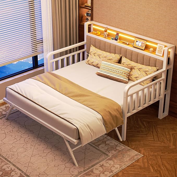 Daybed with Trundle and LED Light, Heavy Duty Metal Twin Bed Frame with Upholstered Storage Headboard & Charging Station, Day Bed Pop Up Trundle Bed Twin for Living Room,Bedroom and Guest Room, White