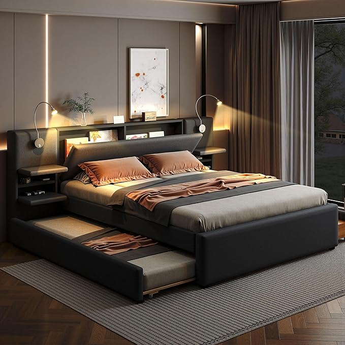 Luxury Queen Bed Frame,Queen Size Trundle Bed Frame with 2 Storage Drawers,Reading Lights, Storage Headboard,Storages Rack,Queen Size Linen Upholstered Platform Bed for Bedroom (Gray, Queen)