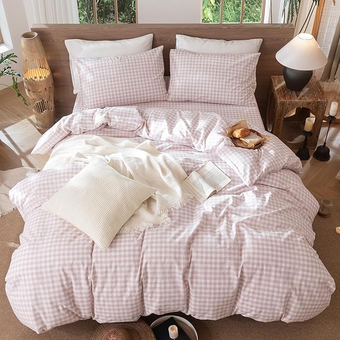 MooMee Gingham Duvet Cover Set 100% Washed Cotton Linen Like Textured Breathable Durable Soft Comfy Modern Checkered Design (Classic Gingham Greyish Pink, Palatial King/Oversized King 120"x98")