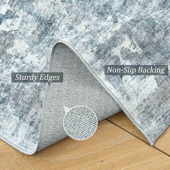 7x9 Area Rug for Living Room Washable Abstract Vintage Soft Thin Indoor Floor Non-Slip Carpet for Bedroom Dining Room Blue Grey
