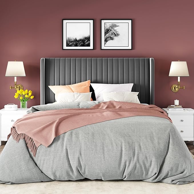 Allewie Queen Size Velvet Bed Frame/Vertical Channel Tufted Wingback Headboard/Upholstered Platform Bed/Strong Wooden Slats/No Box Spring Needed/Easy Assembly/Grey