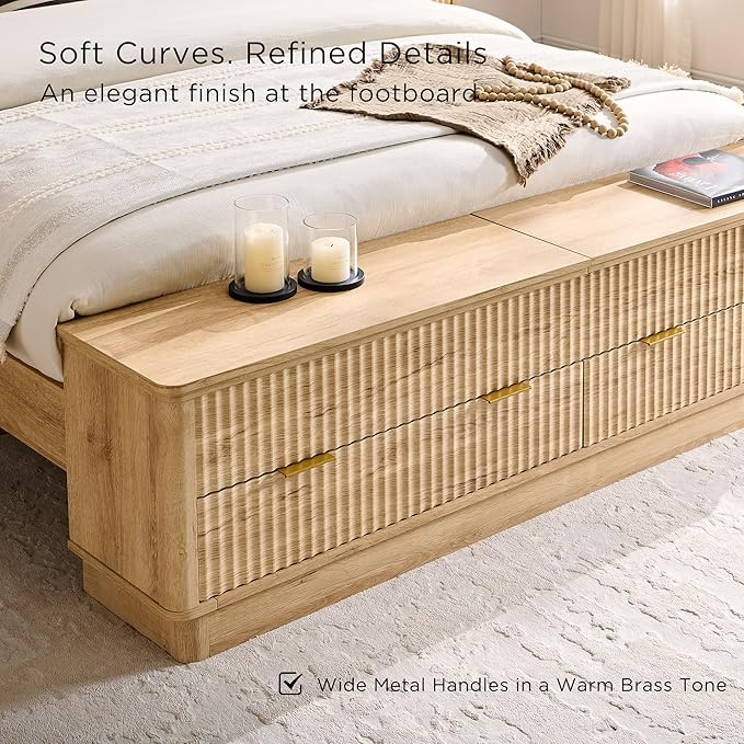T4TREAM Fluted Queen Size Bed Frame with Wingback Headboard, Footboard Storage Bench with Built-in Drawers & Lift-Up Compartments, Wood & Steel Platform Bed, No Box Spring Needed, Natural Oak