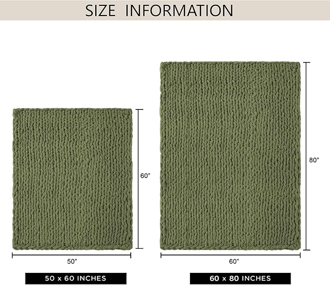 Chunky Knit Throw Blanket 50"X 60", 100% Handmade with Soft Chenille Yarn, 4.4lbs Thick Cable Knitted Blankets, Large Rope Knot Crochet Throws for Couch Sofa Bed Home Decor, Olive Green