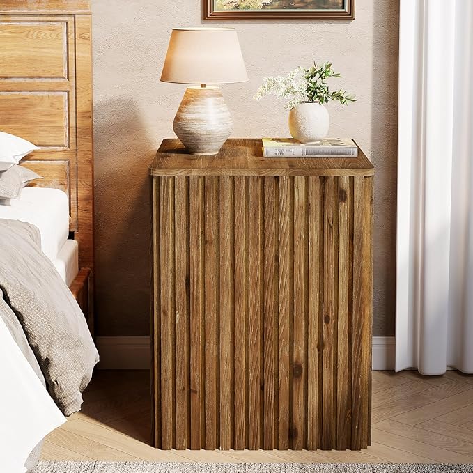 Solid Wood End Table Set of 2, Square Fluted Side Table for Living Room, Farmhouse Bedside Nightstand with Storage and Removable Lid for Bedroom, Small Spaces (2 PCS, Rustic Brown)