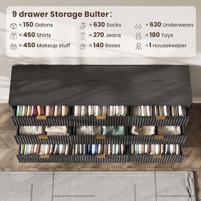 63'' Wide 9 Drawers Dresser for Bedroom,Modern Fluted Vertical Chest with Rounded Corners,Fluted Dresser for Living Room,Hallway, Black
