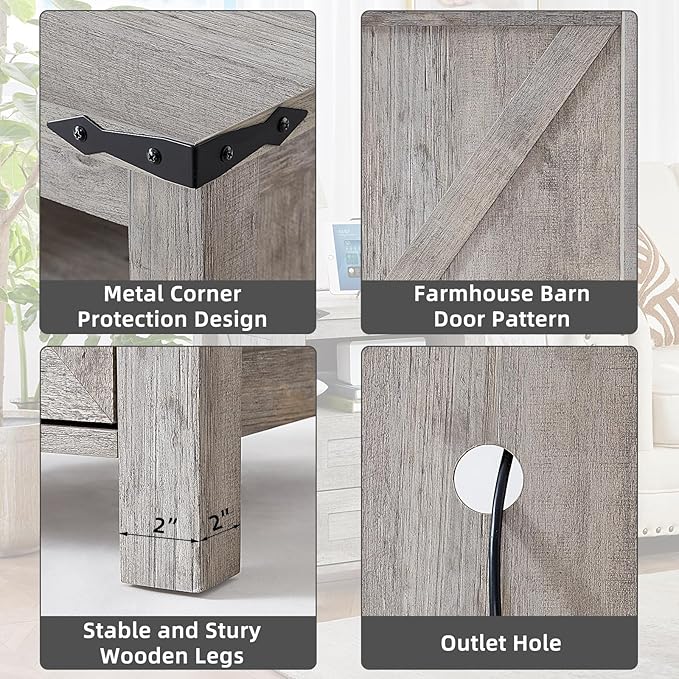 Joaxswe Nightstand with Charging Station and USB Port, Farmhouse Night Stand with 2 Drawers and Shelf Storage, Wooden Side End Table, Bedside Cabinet for Bedroom, Living Room, Closet,Office (Grey)