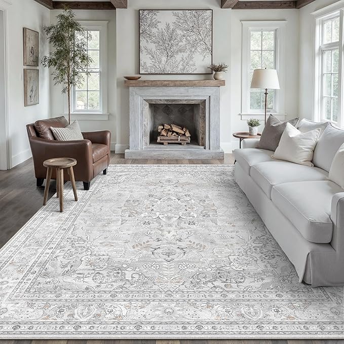 Grey 8x10 Area Rug Washable Vintage Carpet for Living Room Bedroom Large Soft Retro Floral Low Pile Thin Indoor Rug Non Slip Central Medallion Floor Cover for Dining Room Office