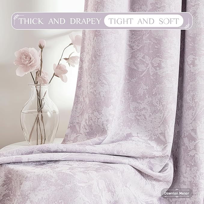 Beauoop Purple Floral Jacquard Blackout Curtains 84 Inches Long 2 Panels for Bedroom Living Room Chenille Flower Room Darkening Thermal Insulated Soundproof Grommet Window Treatments Drapes, 52x84