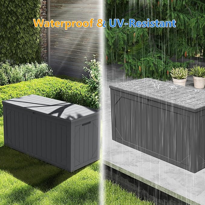 100 Gallon Outdoor Storage Box Waterproof, Lockable Resin Deck Box Patio Storage Bin for Pool Accessories Cushion Furniture, Garden Tools, UV-Resistant Outside Delivery, Grey