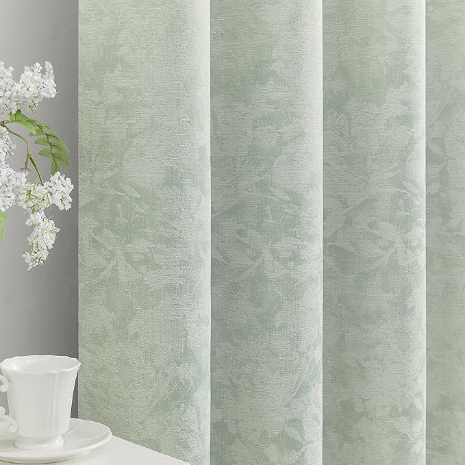 Beauoop Green Floral Jacquard Blackout Curtains 108 Inches Long 2 Panels for Bedroom Living Room Sage Flower Chenille Room Darkening Thermal Soundproof Grommet Window Treatments Drapes, 52x108