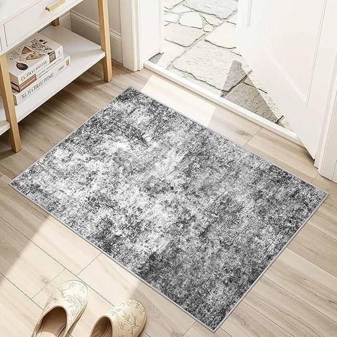 2x3 Entryway Area Rug: Washable Neutral Modern Abstract Small Rug - Non-Slip Low Pile Throw Indoor Carpet for Entrance Kitchen Front Door Mat Bathroom Entry Kids Room - Grey