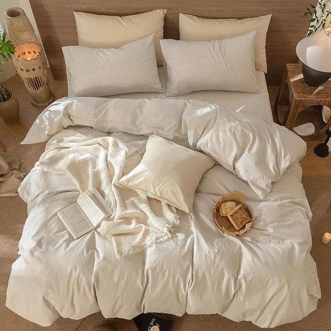 MooMee Striped Duvet Cover Set 100% Washed Cotton Linen Like Textured Breathable Durable Soft Comfy (Tannish Linen Grey White Pinstripes, Oversized King Plus 128"x120")
