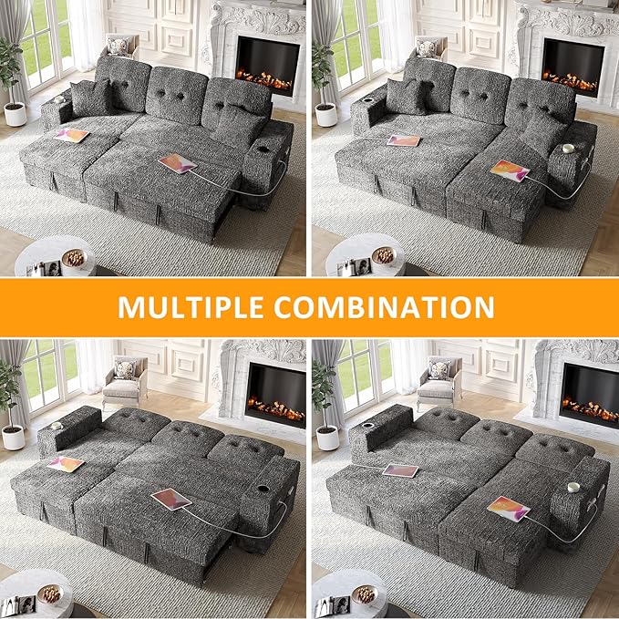 4 in 1 Sleeper Sofa Bed, 90 Inch Pull Out Couch Bed with Adjustable Backrest | Reversible Storage Chaise | Wide Armrest | Tool Free Assembly, Sectional Couches for Living Room, Grey Chenille
