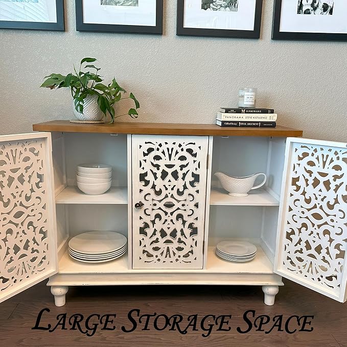 PHI VILLA White Accent Cabinet with Doors, Farmhouse Credenza Cabinets for Living Room, Sideboard Buffet Cabinet with Storage