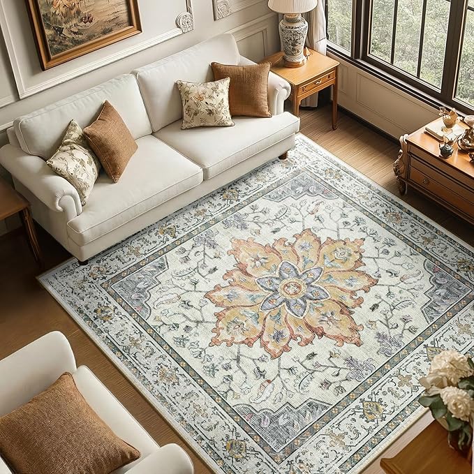 Area Rugs Square 6ft Washable Non-Slip, Floral Vintage Distress Print Pattern Medallion Carpet for Living Room Bedroom Dining Room, Light Yellow Carbon Grey Orange