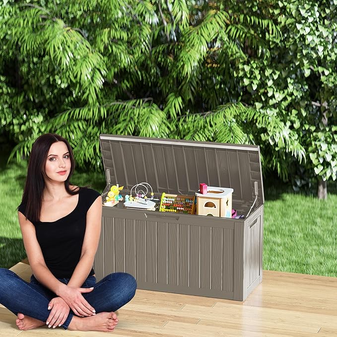 Outdoor Storage Box Waterproof, Lockable Resin 80 Gallon Deck Box Patio Storage Bin for Pool Accessories Cushion Furniture, Garden Tools, UV-Resistant Outside Delivery, Grey