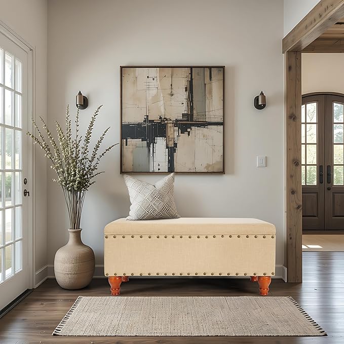 HomePop Large Rectangle Storage Bench with Nail Head Trim - Tan Linen