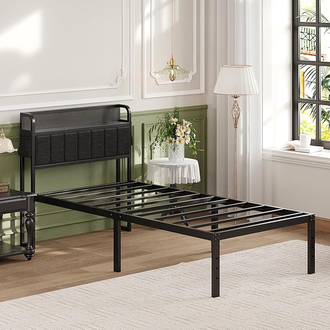 16 Inch Twin XL Bed Frames with Storage Headboard, Modern Design Metal XL Twin Bed Frame No Box Spring Needed, Easy Assembly, Black
