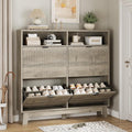 Shoe Cabinet with 4 Flip Drawers, 46" Tall Narrow Fluted Shoe Storage Organizer for Entryway, Hidden Slim Wooden Shoe Rack Cabinet for Front Door Entrance, Hallway, Living Room, Light Grey