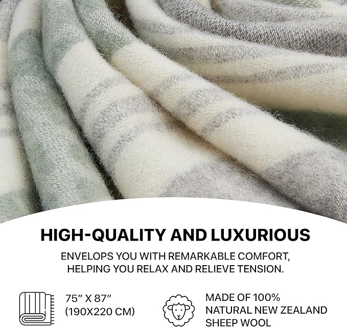 | Wool Blanket/Throw | 100% New Zealand Wool | Perfect for Home and Outdoors | Virgin Wool Throw with Fringes 75"x87" (190 x 220 cm)