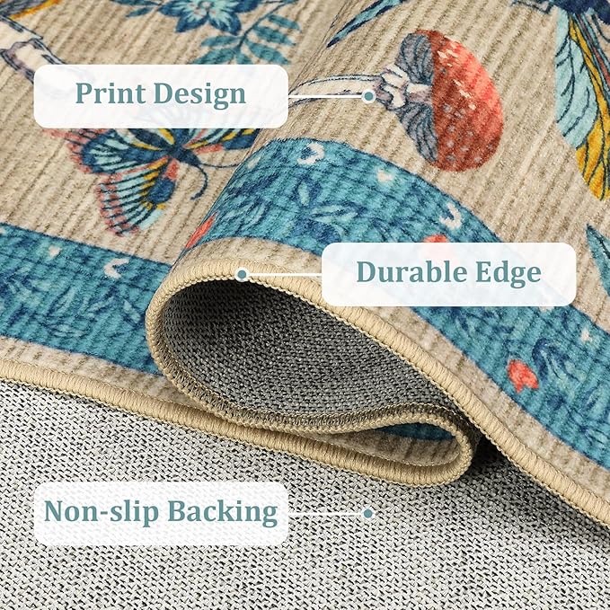 Mushroom Insect Washable Rug 5x7 Area Rugs for Bedroom Non Slip with Rubber Back Low Pile Stain Resistant Butterfly Carpet for Living Room Nursery Kitchen Dining Room Khaki Blue