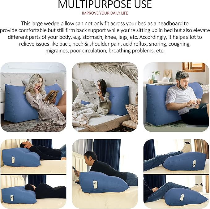 homecozy Wedge Headboard Pillow Dorm Room Reading Pillow Back Support for Sitting Up in Bed Bolster Lumbar Cushion Body Positioning Bedrest Cotton Linen 59in Blue Queen