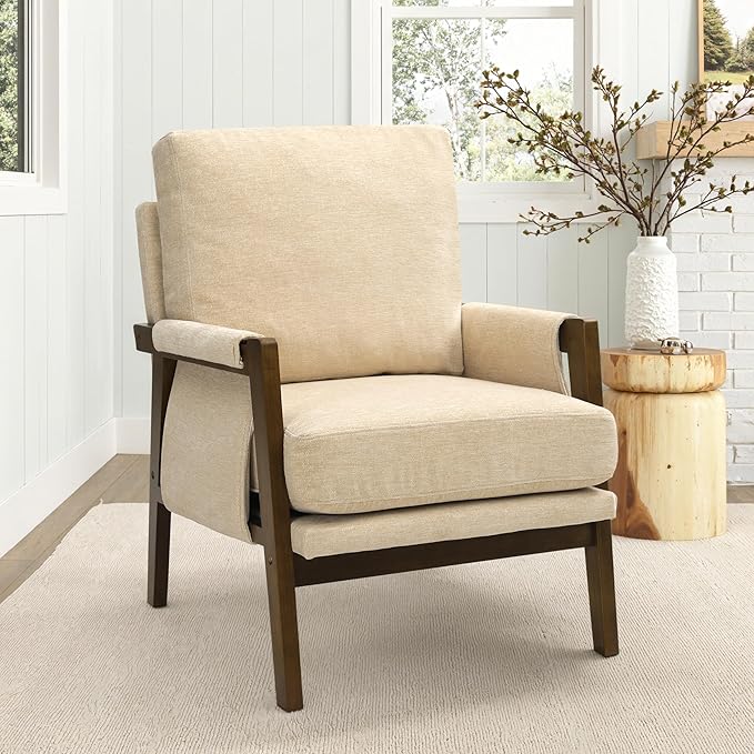 Beige Accent Chair for Bedroom & Living Room, Mid Century Modern Accent Arm Chair, Upholstered Anthropologie Accent Chair with Solid Wood Frame, Fabric