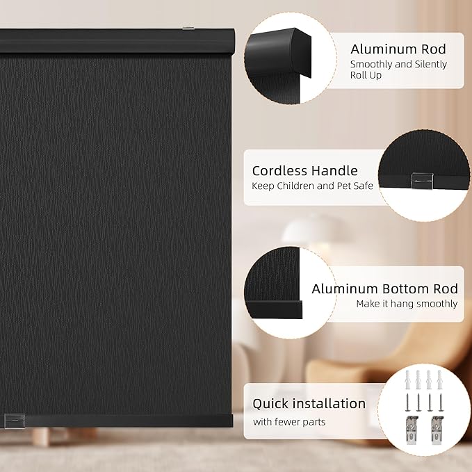ChrisDowa Cordless Blackout Roller Shades for Windows, Striped Free-Stop Window Blinds with Privacy, Thermal Insulated Window Shades for Home, Office and Door. Black, 35" W x 72" H