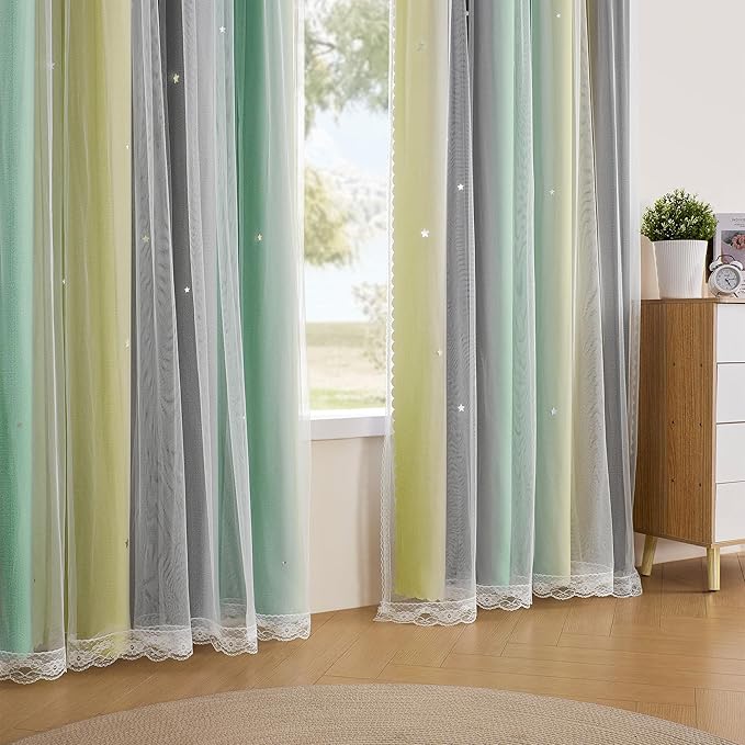 XiDi Curtains for Bedroom Decor, Rainbow GreenYellowGrey52/54/1
