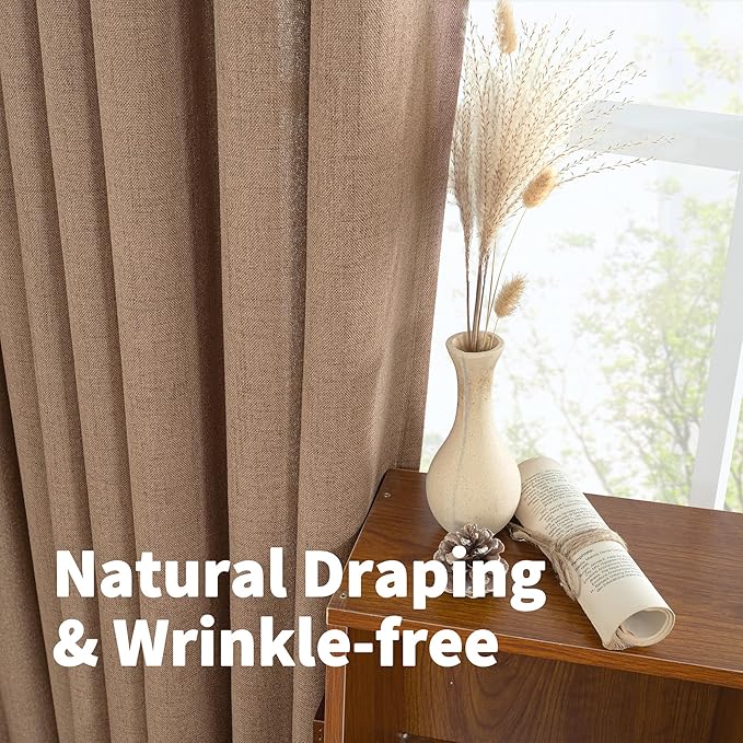 YoungsTex Mocha Brown Linen Curtains 84 Inch Length for Living Room Window, Light Filtering Drapes with Grommet Semi Sheer Rustic for Bedroom, 2 Panels, 52 X 84 Inch