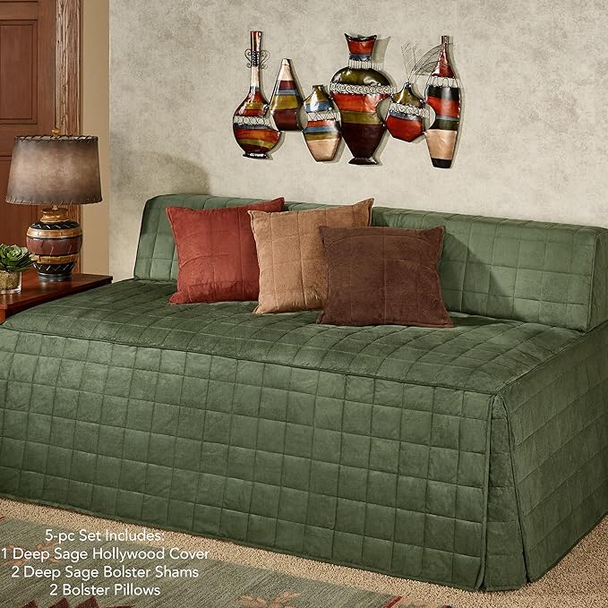 Camden Luxury Bedding | Warm Deep Sage Green Color | Fitted Hollywood Daybed Bedding | Faux Suede Box Quilted Design | 5 Piece Set Includes Hollywood Cover, 2 Bolster Shams, and 2 Bolster Pillows