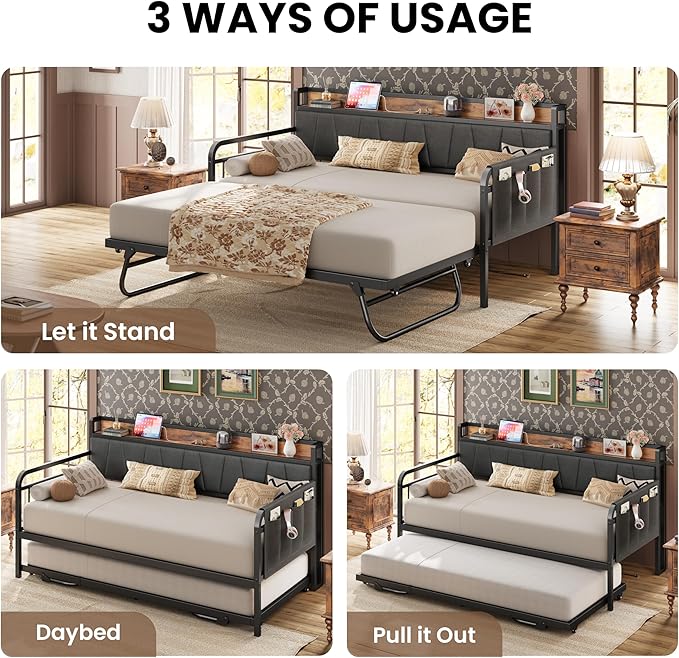 LIKIMIO Daybed with Trundle Bed, Twin XL Bed Frame with Storage Headboard and Charging Station, Sofa Day Bed with Strong Supports for Living Room, Bedroom, and Guest Room, Grey
