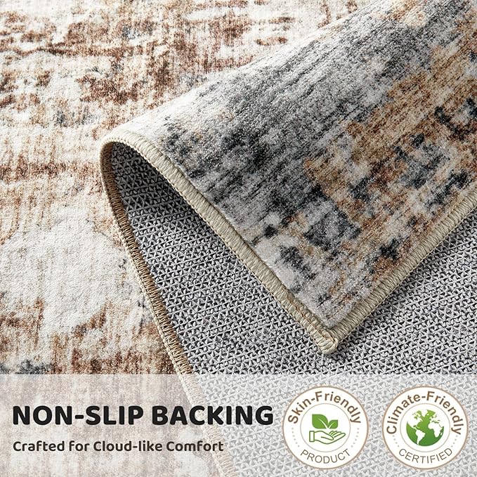 6ft Round Area Rug Living Room Rugs - 6x6 Washable Large Soft Indoor Neutral Modern Abstract Low Pile Rug Carpet for Bedroom Dining Room Farmhouse Home Office - Grey Brown