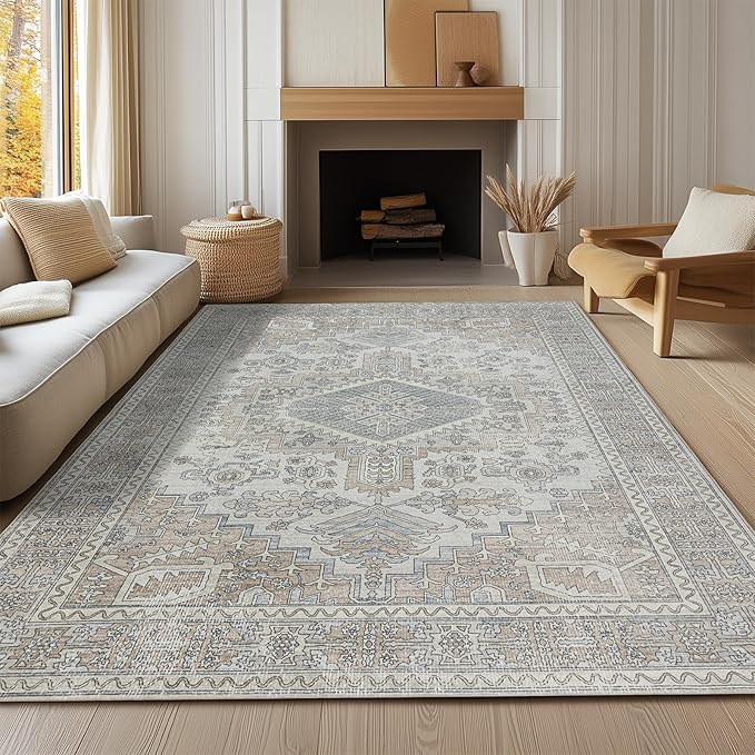 Machine Washable Rugs 5x7 Area Rugs for Living Room,Ultra Soft Low Pile Retro Rugs for Bedroom,Dining Room,Large Non Slip Carpet Vintage Distressed Accent Rug for Farmhouse Office Home Decor