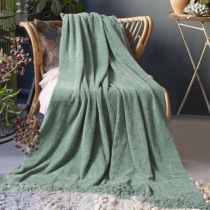 Chenille Throw Blanket for Couch 60"X 80" Twin, Soft Cozy Throws with Fringe Tassel for Bed Sofa Chair Cover, Lightweight Knitted Decorative Boho Blankets for Living Room, Sage Green