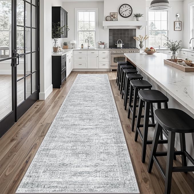 Runner Rug 2'6" x 14' Washable Non-Slip Runner Rugs for Kitchen Bathroom Laundry Room Vintage Ultra Thin Runners for Hallway Entryway Grey