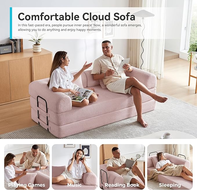 Compression Sofa, Cloud Sectional Sofa,Sofa Bed, Boneless Modular Sectional Sofa with 2 Pillow, Comfy Fluffy Couch with Futon Bed, Perfect for Living Room, Small Space