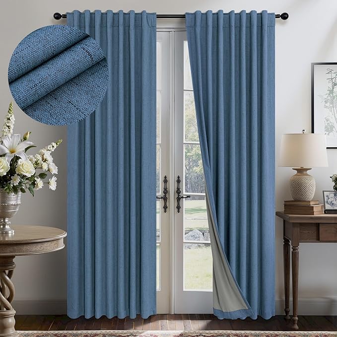 Denim Blue Living Room Black Out Curtains 63 Inch Long Insulated Thermal Darkening Kitchen Drape for Windows Over Sink Boho Linen Textured Blackout Curtain for Dining Room Kids Bedroom Basement Office