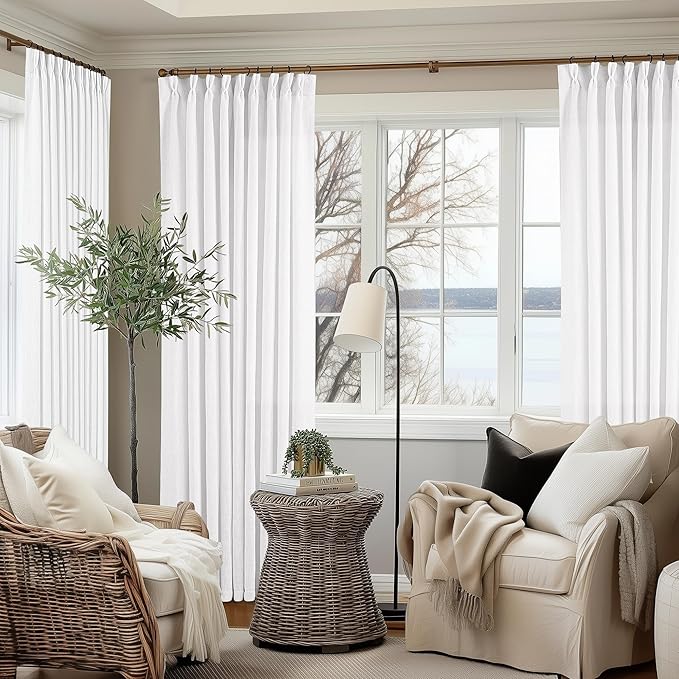 Snow White Pinch Pleated Linen Curtains 1 Panel for Living Room Bedroom Memory Training Shaped Semi Sheer Pleat Drapes with Hooks Rings Light Filtering Window Curtain 60x108