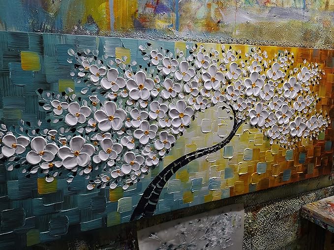 YaSheng Art - 100% Hand Painted Contemporary Art Oil Painting On Canvas Texture White 3D Flower Paintings Modern Home Bedroom Living Room Wall Decor Abstract Art Paintings 24x60inch
