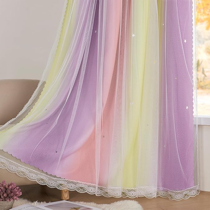 XiDi Pink & Rainbow Curtains for Kids & Girl Room - Blackout, Unicorn Wall Decals, Purple & Yellow, 34x84 Inch, 1 Panel