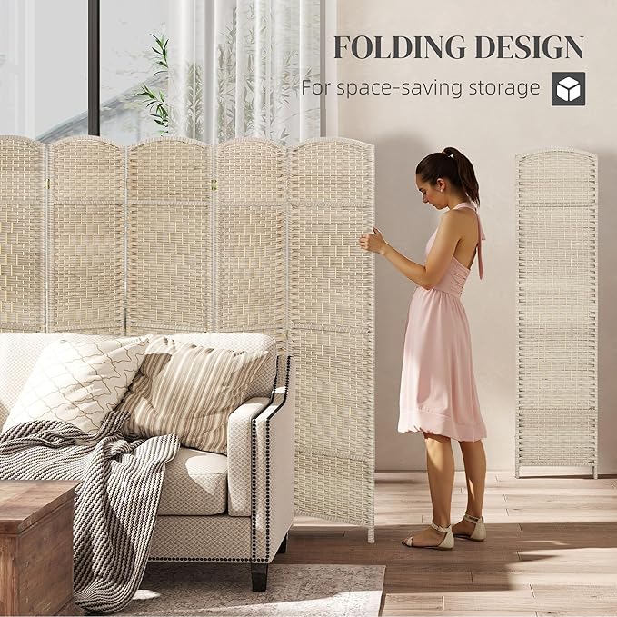 HOMCOM 6 Panel Room Divider, 6' Tall Folding Privacy Screen, Hand-Woven Freestanding Wall Partition for Home Office, Bedroom, Washed Oak
