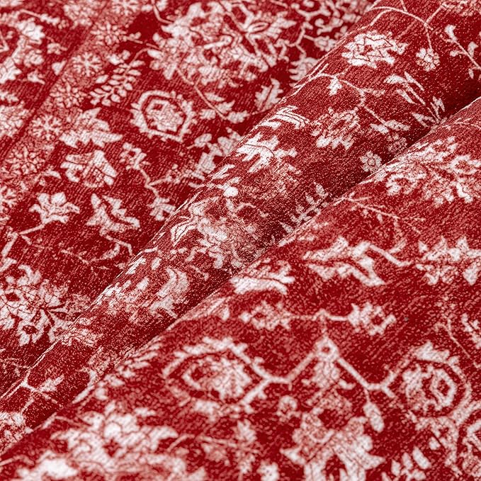 Christmas Area Rug 6x9 Red Washable Living Room Carpet Vintage Floral Holiday Decor Indoor Bedroom Accent Rug Decorative Non Slip Low Pile Xmas Carpet for Dining Room Office Playroom